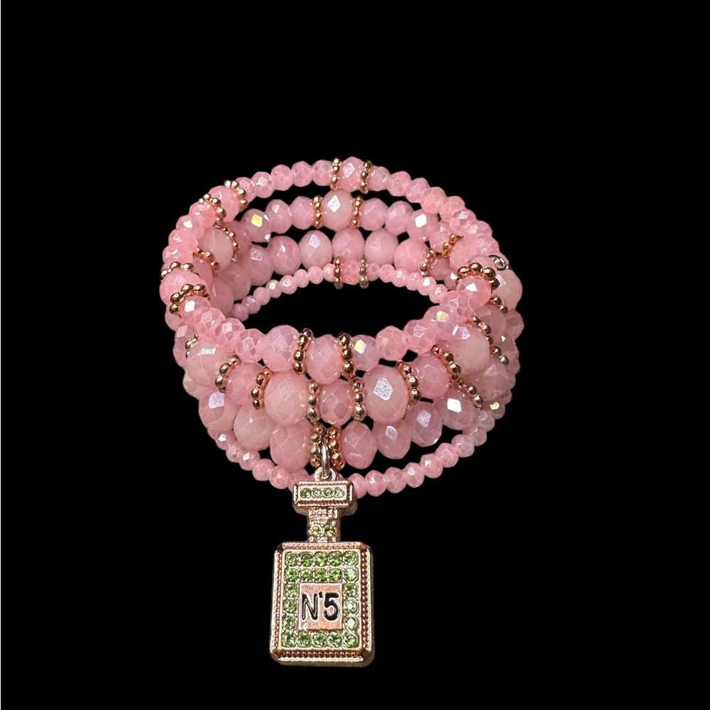 Pink Beaded Memory Bracelet with Perfume Bottle Charm - Picture 3 of 10